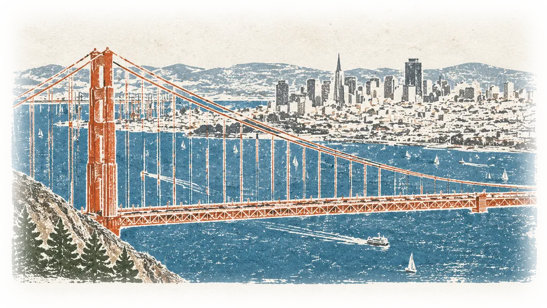 Golden Gate Bridge and the San Francisco skyline, hand-stamped print
