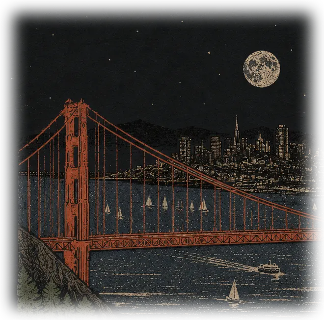 Golden Gate Bridge and the San Francisco skyline at night under a full moon, hand-stamped print