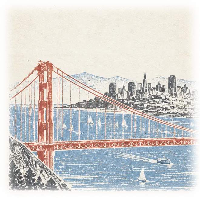 Golden Gate Bridge and the San Francisco skyline, hand-stamped print