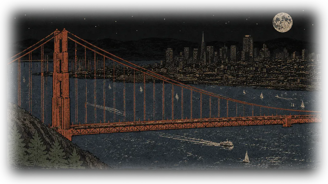 Golden Gate Bridge and the San Francisco skyline at night under a full moon, hand-stamped print