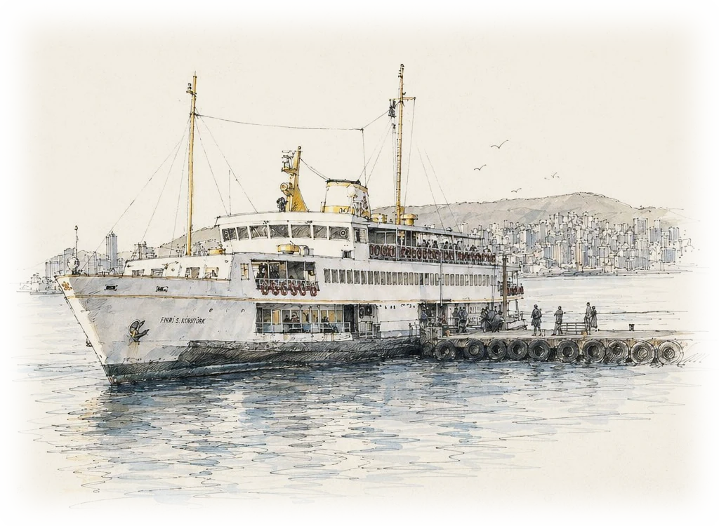 A ferry leaving the pier, ink and wash study