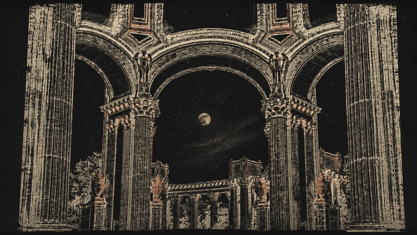 Inside the Palace of Fine Arts rotunda by night, hand-stamped print