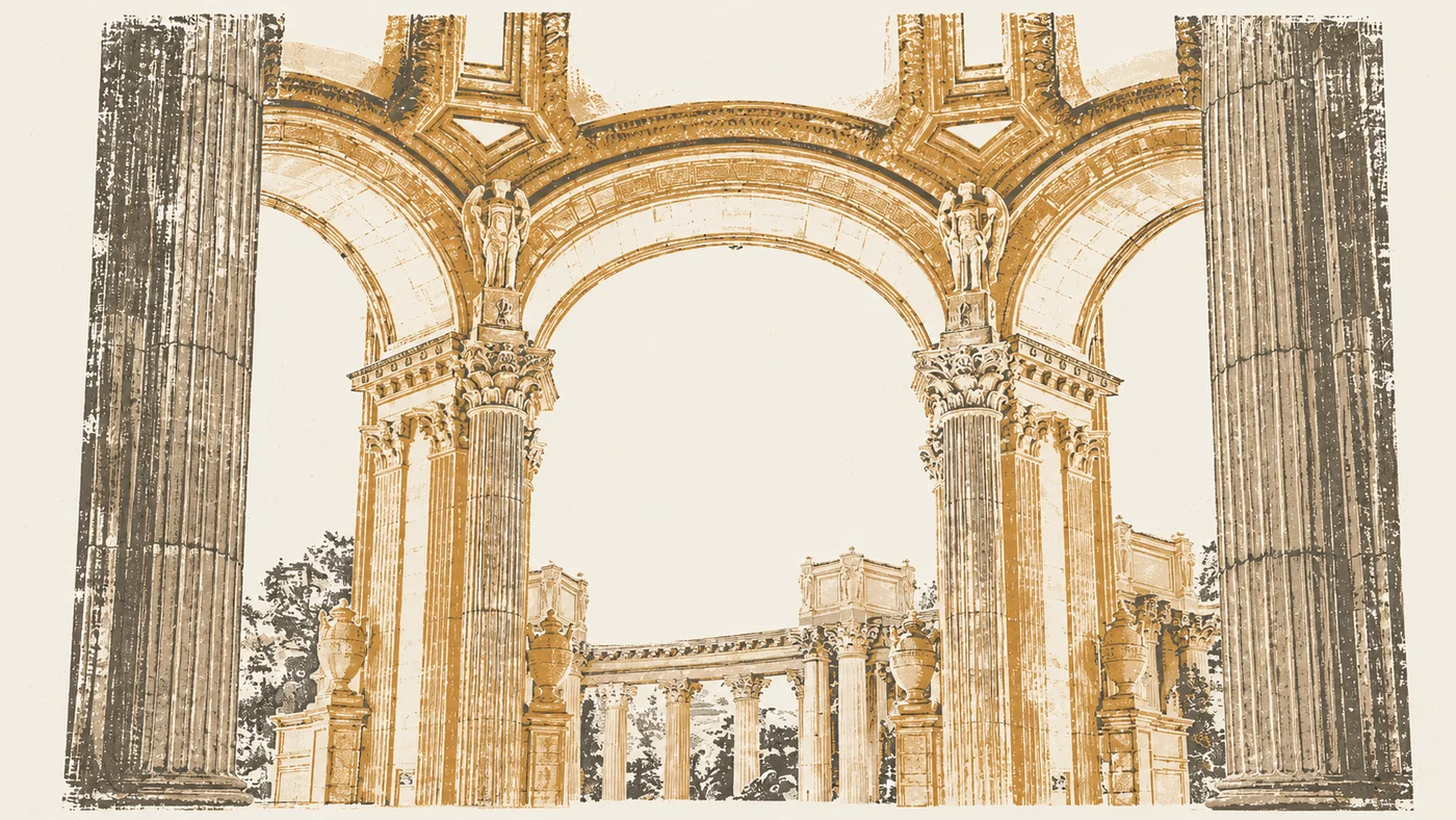 Inside the Palace of Fine Arts rotunda, San Francisco, hand-stamped print