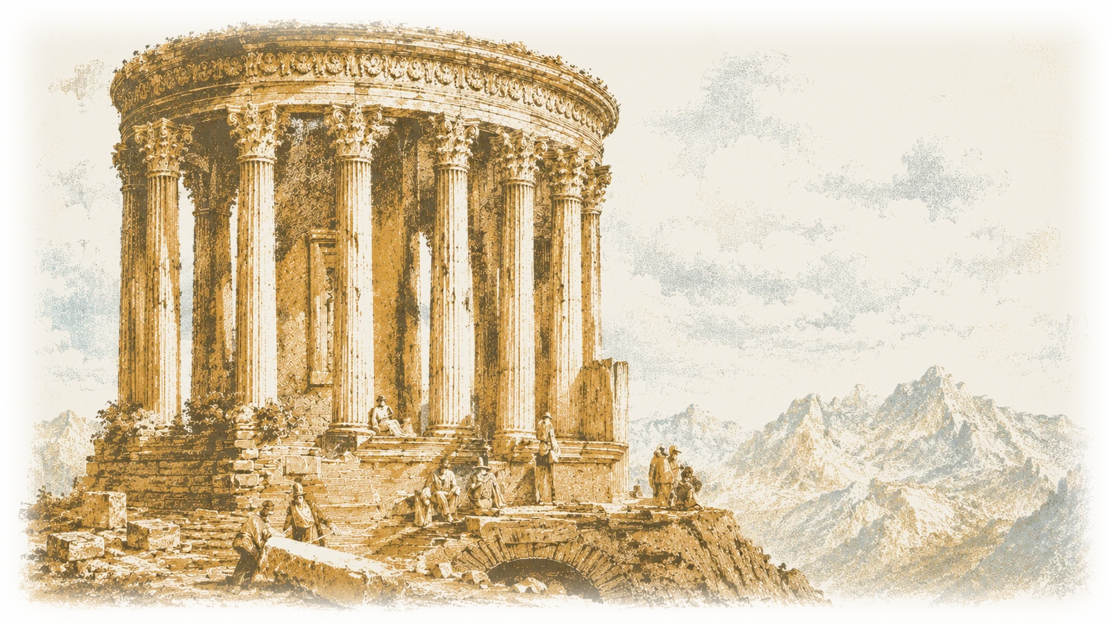 Temple of Vesta above the valley, hand-stamped print